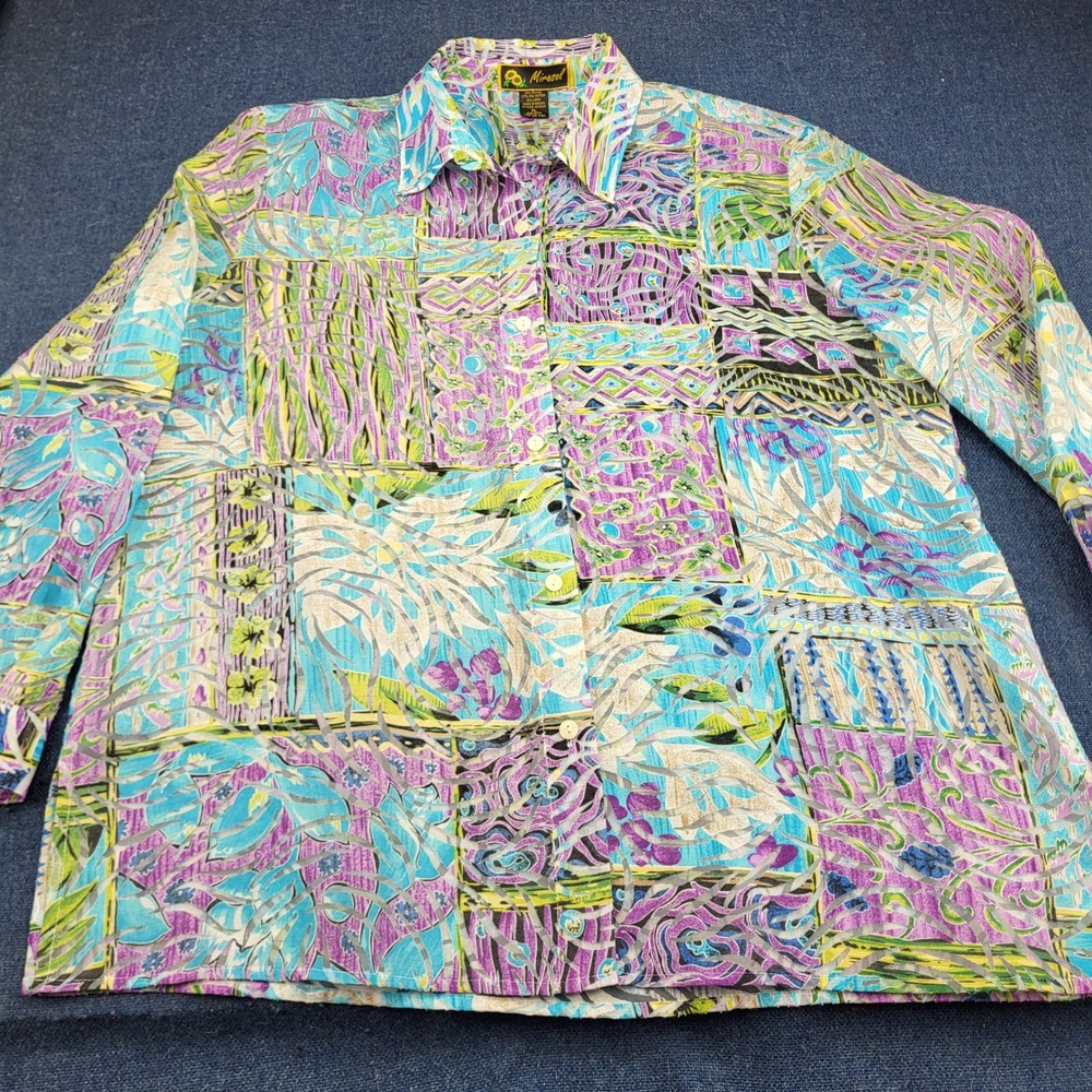 Mirasol Womens XL Abstract Burnout Button Down Shirt Multicolor Linen Blend